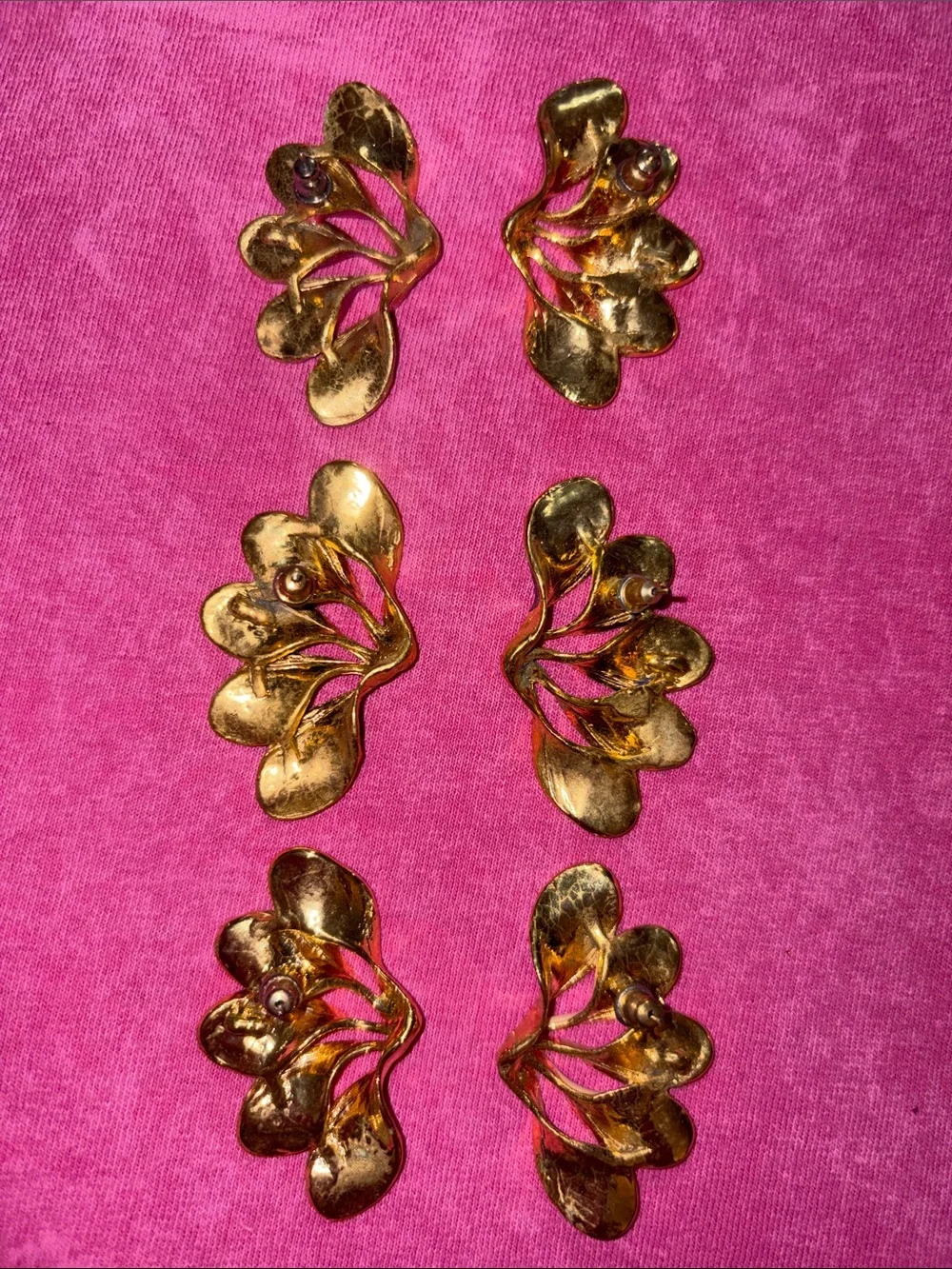 Vintage Fan Shaped Enamel Earrings in Gold Tone- 3 pairs